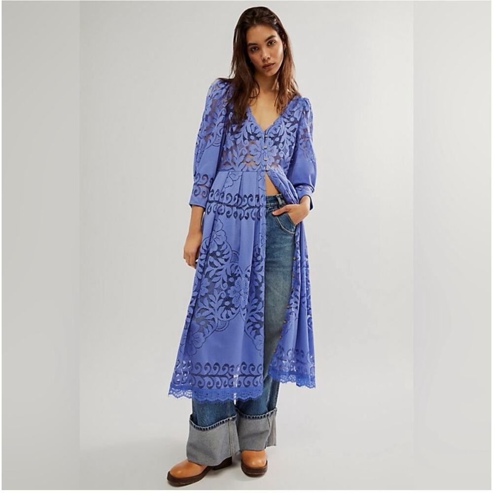 Free People Shadow Dance Lace Midi Dress Blue Medium - Picture 2 of 10